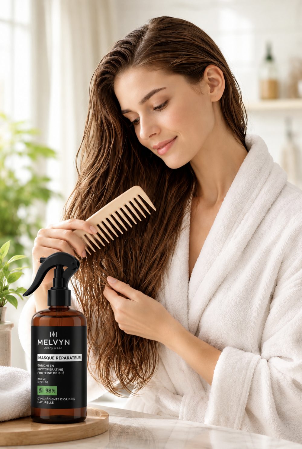 Femme qui démêle ses cheveux avec le spray réparateur Melvyn every wear